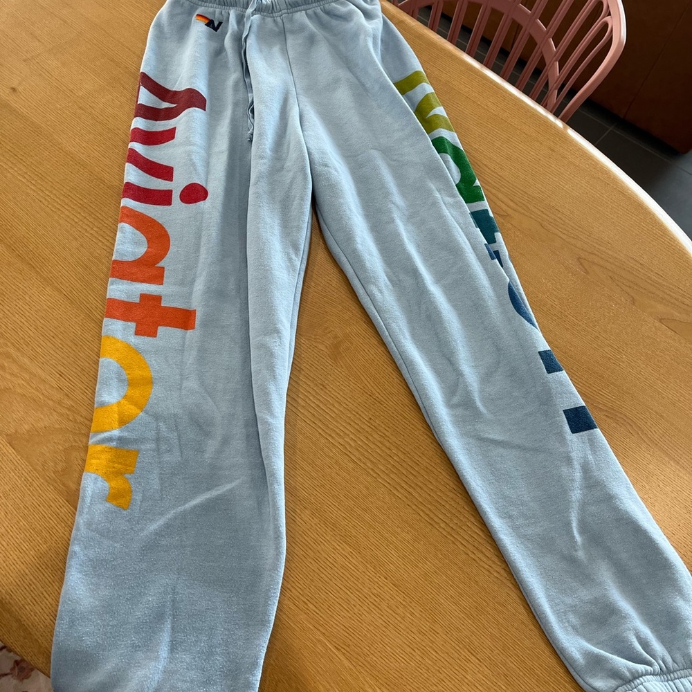 Aviator Nation Light Blue Joggers with Multicolor Lettering